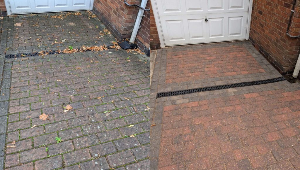 Before and after a block driveway has weed removed by Home Fixology.