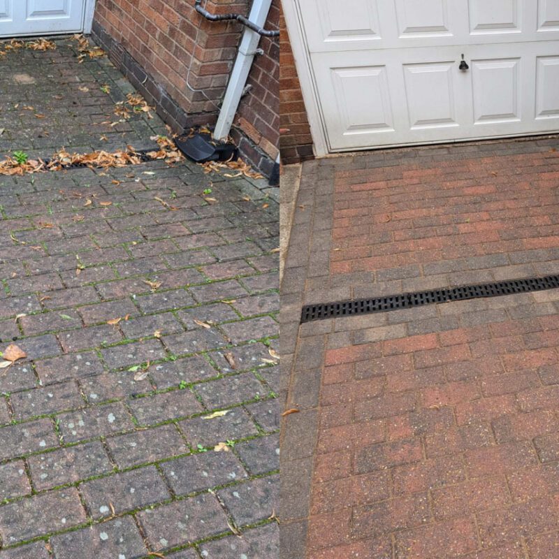 Before and after a block driveway has weed removed by Home Fixology.