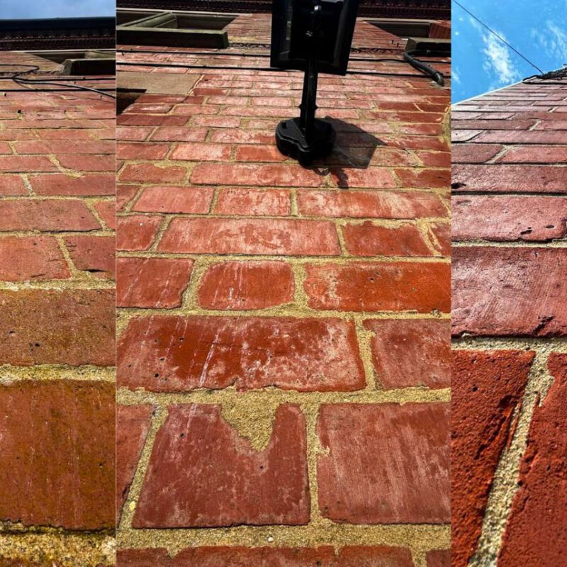 Red brick walls before and after moss, algae and mildew removal by Home Fixology.